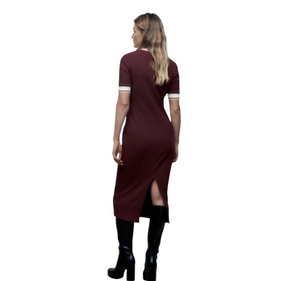 NWT Zara Women’s New York Varsity Bodycon Cotton Knit Dress Burgundy Size XL - Picture 3 of 14